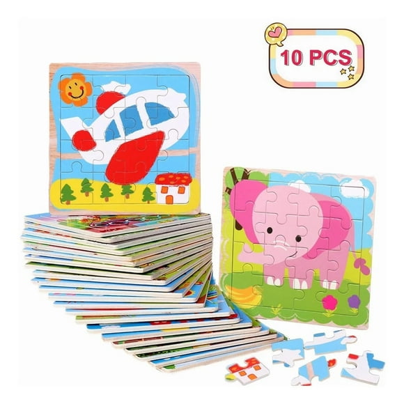 Pack de 10 Rompecabezas de Animales y Vehiculos 15x15x1cm