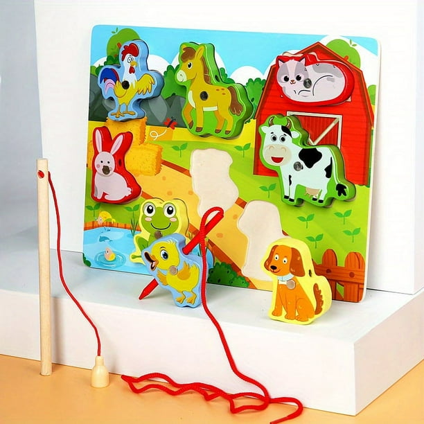 Infant And Young Children Fishing Toys Rope Puzzle Puzzle Early Education Baby Beaded Toy Farm Animal Transport Puzzle Three-in-one