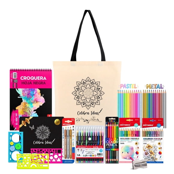 Kit de arte dibujo en hojas negras y lápices pastel fluor metal