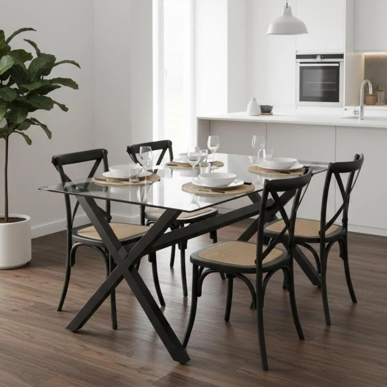 Pandalino - Comedor Mesa Xinia Negro 130x80 Cm + 4 Sillas Crossback Madera Negra