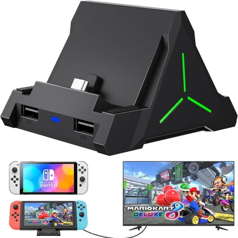 Genérico - Estación De Carga Para Tv Compatible Con Nintendo Switch/Oled - Hdmi 4K, Usb-C, Puerto Usb 3.0, Luz Ambiental Led, Capacidad Para 4 Ranuras De Juego, Base De Carga De Repuesto-Negro
