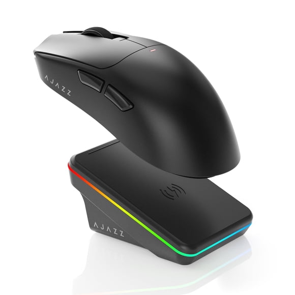 AJAZZ AJ200P Ratón Gamer Inalámbrico Tri‑Modo Bluetooth/2.4 GHz/Cable con Base de Carga Magnética, Ratón Ultra‑Ligero de 65 g Ergonómico y Recargable para Jugador Profesional, 24000 DPI, PC/Mac