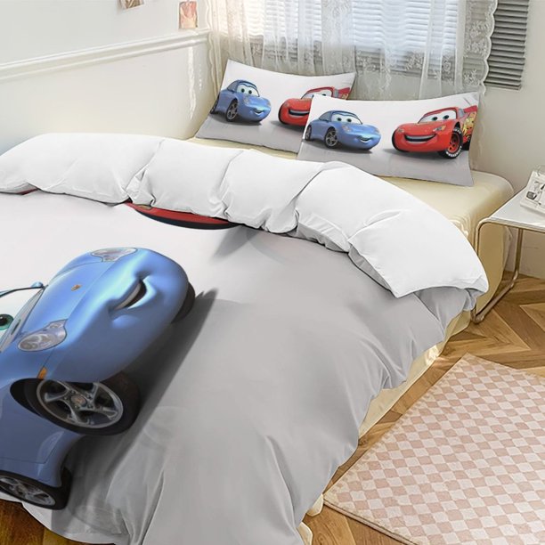 Cartoon Cars Lightning McQueen Friend Boys Room Decor Size Bedding Set for Kids 3 Piece Bedding with 1 Duvet Cover And 2 Pillowcases Queen Bed Sheets