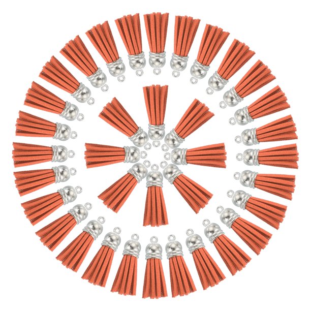 Uxcell 50 piezas de llaveros con borlas al por mayor para manualidades, llavero con borla de cuero de 1.5 pulgadas, anillo de encanto, naranja