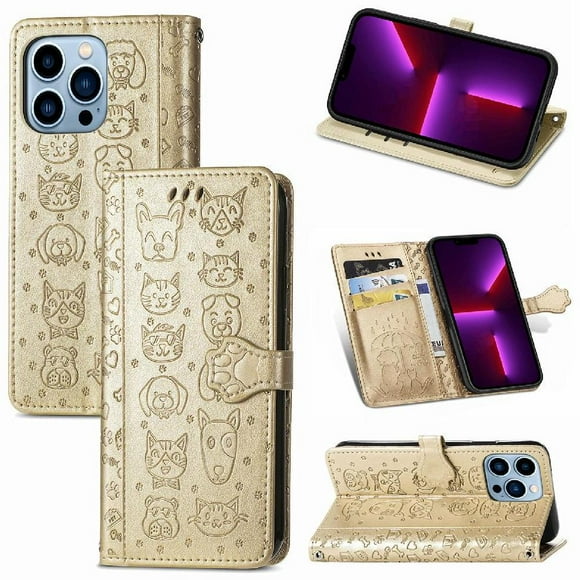 Funda Cartera FOXDOCK para iPhone 13 ProMax , Flip PU con Relieve de Gatos y Perros, Tarjetero y Soporte