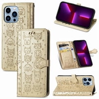 Funda Cartera Foxdock Para Iphone 13 Promax , Flip Pu Con Relieve De Gatos Y Perros, Tarjetero Y Soporte