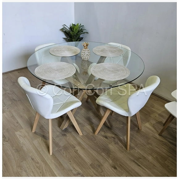 Comedor Mesa Warwick Vidrio 100cm + 4 Mariposa Wood Beige