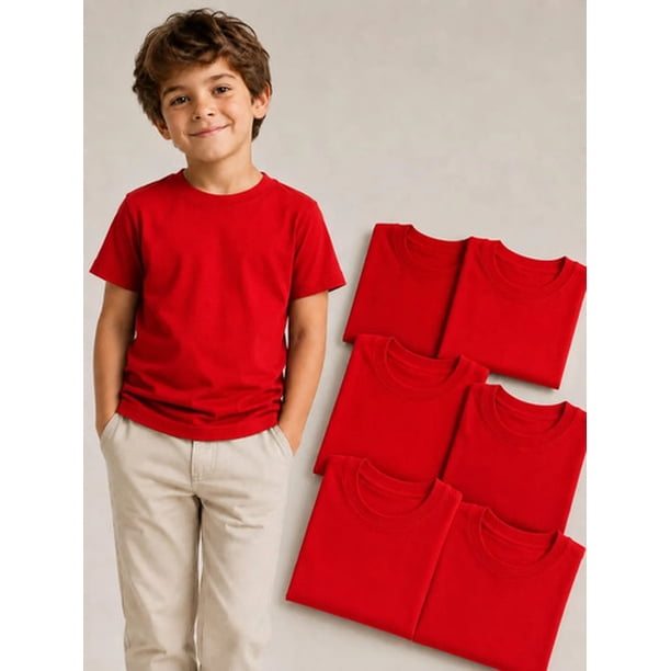 Pack 6 Poleras De Niños Cuello 100% Algodon Cuello Redondo Rojo 10 Lisa