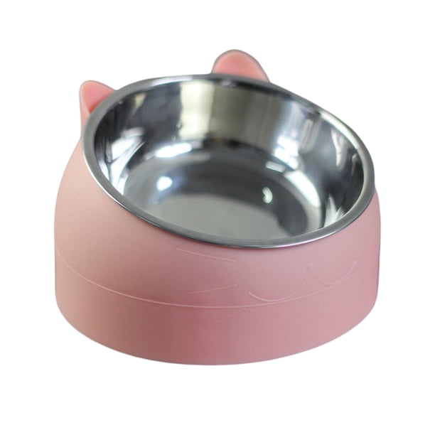 Comedero para mascotas, recipiente antideslizante de acero inoxidable de 15 degree, cuenco protector para el cuello, plato de alimentación, cuenco , Rosado