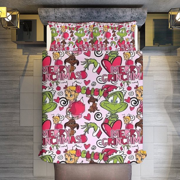 Merry Christmas Grinch 3 Pieces Duvet Cover Set Full Size Super Soft Fade Resistant Microfiber