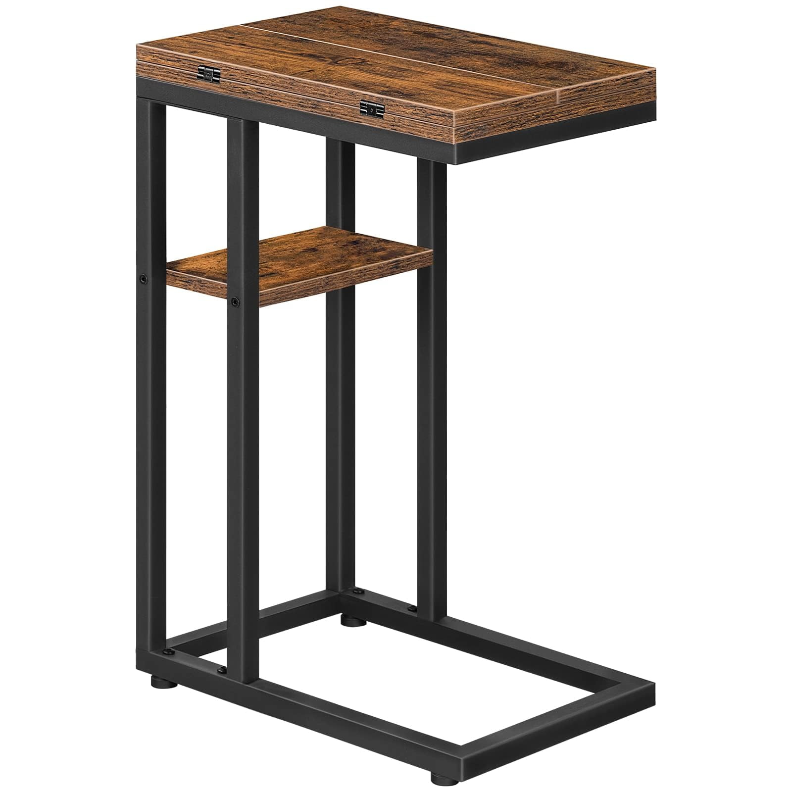 Mesa Auxiliar Plegable Hoobro En Forma De C Con Almacenamiento, Color Marrón Rústico