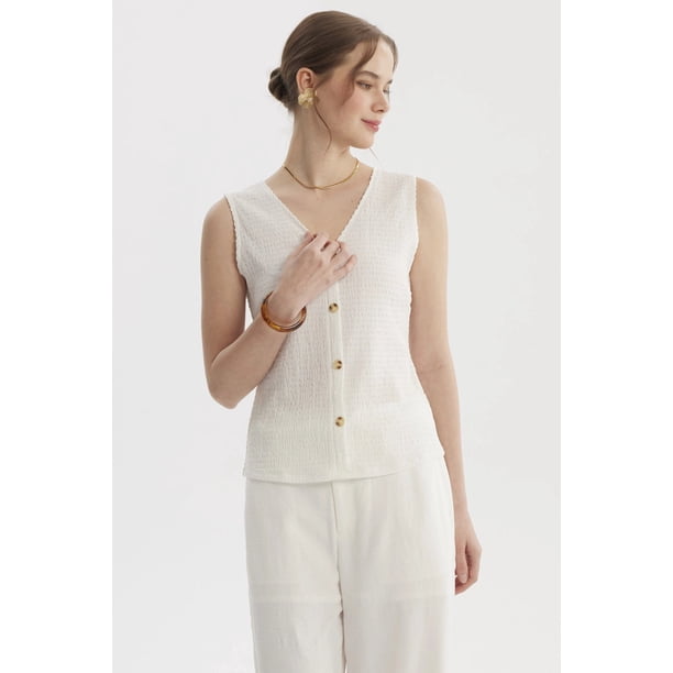 Polera Mujer Aplicación Botones Crudo - ll