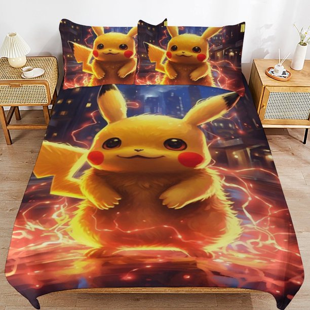 Pi-ka-chu Bed Duvet Cover Microfiber Bedding Sets 3D Printed Lightweight 3 Piece Comforter Sets for Kids Boys Girls