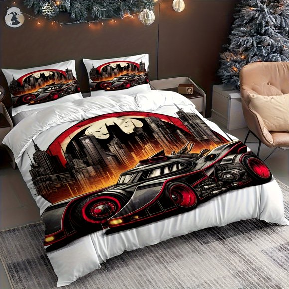 This [Warner Bros Collaboration] Bedding Features a Design of The Batmobile And City Skyline Under Gotham'S Night Sky It Includes a Uniquely Designed Cartoon Du