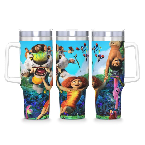 Los Croods Vaso aislado de acero inoxidable con asa, diseño temático, regalo para familia, amigos y fans; incluye pajita y encaja en el portavasos estándar, 40 oz
