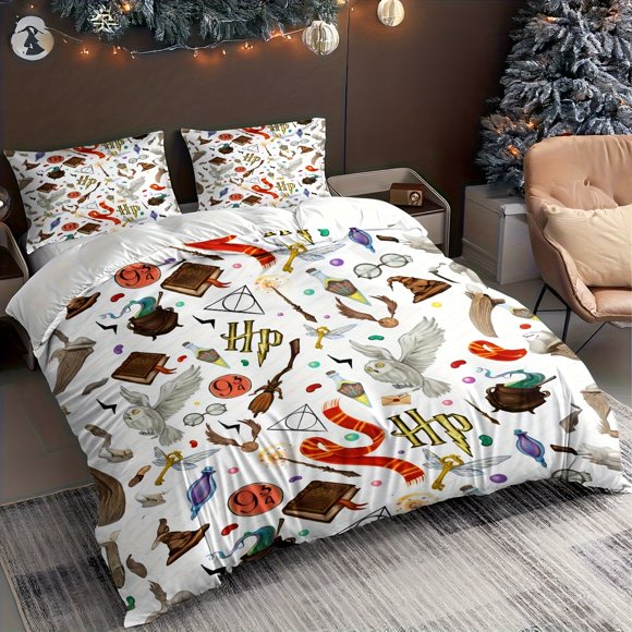 Magical Academy Elements - Owl Flying Broom and Wand Design Innovative Cartoon Style for Single/Double Bed 1 Du