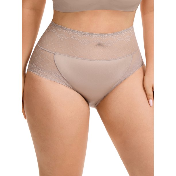 INSPIRE CHIC Ropa Interior de Mujer de Cintura Alta Braguitas de Encaje de Malla Suaves Tallas Grandes XL Caqui