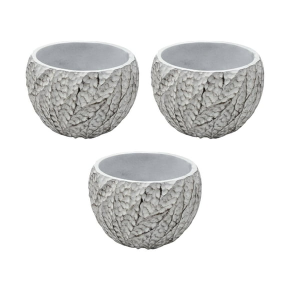 Set 3 Macetero Maceta Acabado Cemento Relieve Hojas Blanco S