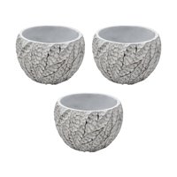 Fliperex - Set 3 Macetero Maceta Acabado Cemento Relieve Hojas Blanco S