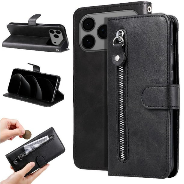 Funda con Cremallera para iPhone 17 Pro Max, Carcasa Cartera de Cuero PU con Soporte y Tarjetero
