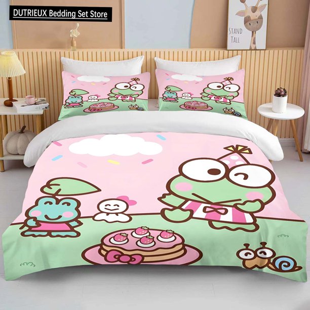 v2093 Bed Sheets Sizes Keroppi Printed Bedding Set Cartoon Anime Duvet Cover Comforter Pillowcase Boys Girls Children Adults King Gift 3-Piece Bedding Set (1 Duvet Cover + 2 Pillow Shams) Bed Sheets