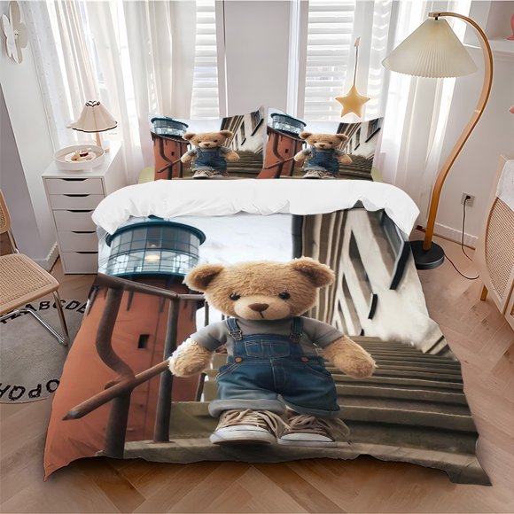 Anime Teddy Bear Bedding - Includes One Quilt Cover and Two Pillowcases (No Core) - Polyester Fabric - Perfect for Bedroom and Guest Room Decoration - Festive G