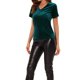 thumbnail image 4 of INSPIRE CHIC Top de Terciopelo para Mujer Cuello en V Manga Corta Camiseta Casual XS Verde Lago, 4 of 7