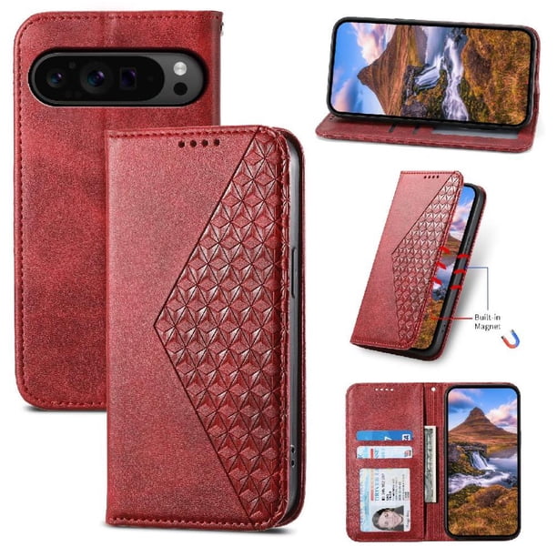 Funda Flip FOXDOCK para Google Pixel 9 Pro , Estilo Billetera con Diseño Rombo, Correa de Mano y Soporte, Uso Diario