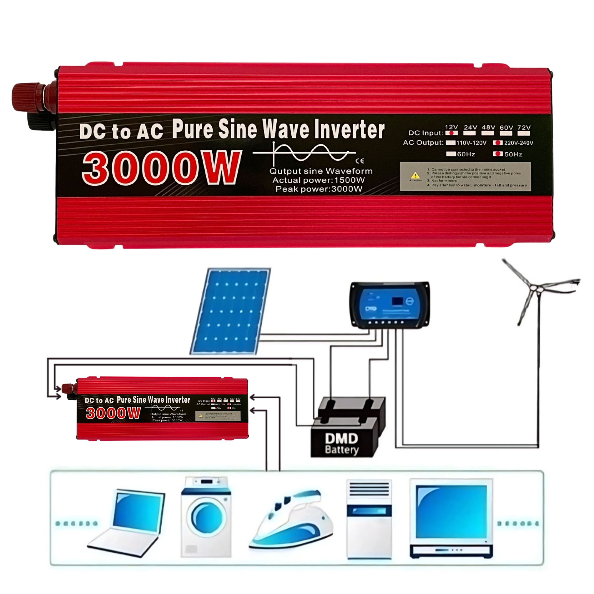 Jinsi Technology - Inversor De Corriente 3000W 12V A 220V Onda Pura Senoidal
