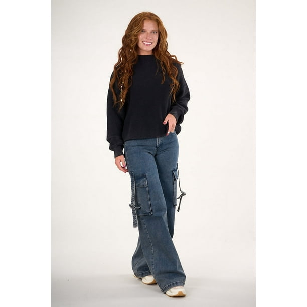 Wide Leg Jeans Lider Mujer Pantalon Denim Wide Leg Negro Vw4723