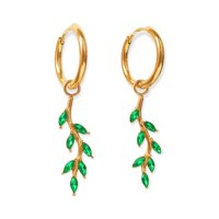 Elbauldejuma - Argollas Aros Hiedras Huggies Circonio Verde Chapada En Oro 18K