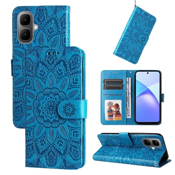 Funda tipo cartera FOXDOCK para Infinix Smart 10 4G , diseño girasol en relieve, cuero PU, cierre magnético, soporte y tarjetero