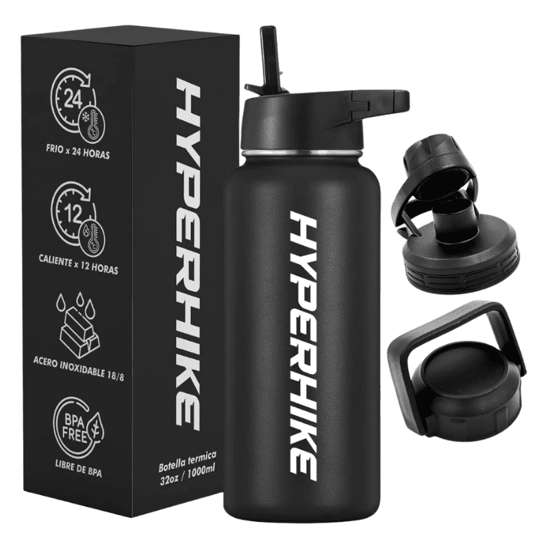 Termo Acero Inoxidable 1lt Hyperhike Botella Térmica 3 Tapas Negro