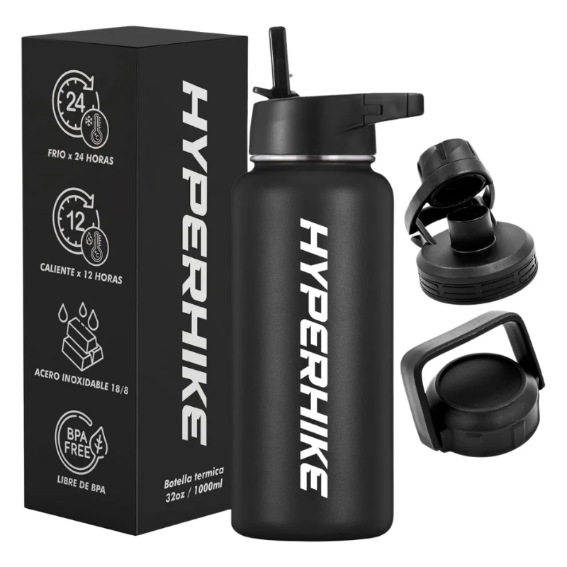 Termo Acero Inoxidable 1Lt Hyperhike Botella Térmica 3 Tapas Negro