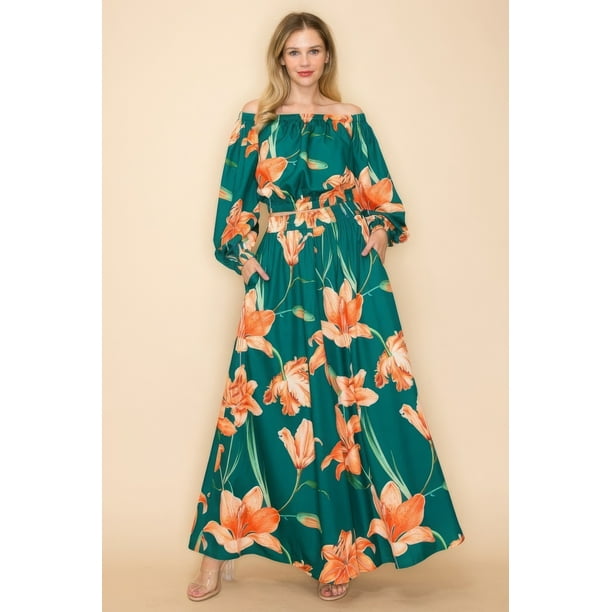 Conjunto De Top De Manga Larga Con Hombros Descubiertos Estampado De Flores Detalles Elásticos Y Pantalones Anchos De Cintura Alta Verde (para Mujer)