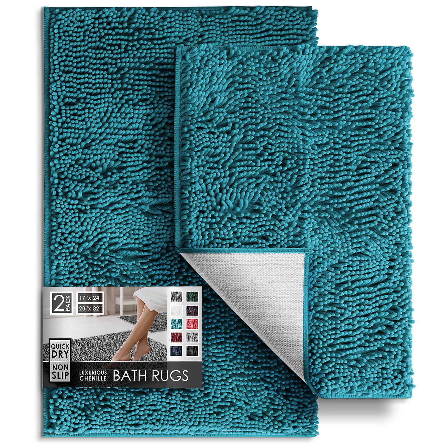 Juego De Alfombras De Baño Hearth & Harbor Chenille, Color Verde Azulado, 2 Piezas