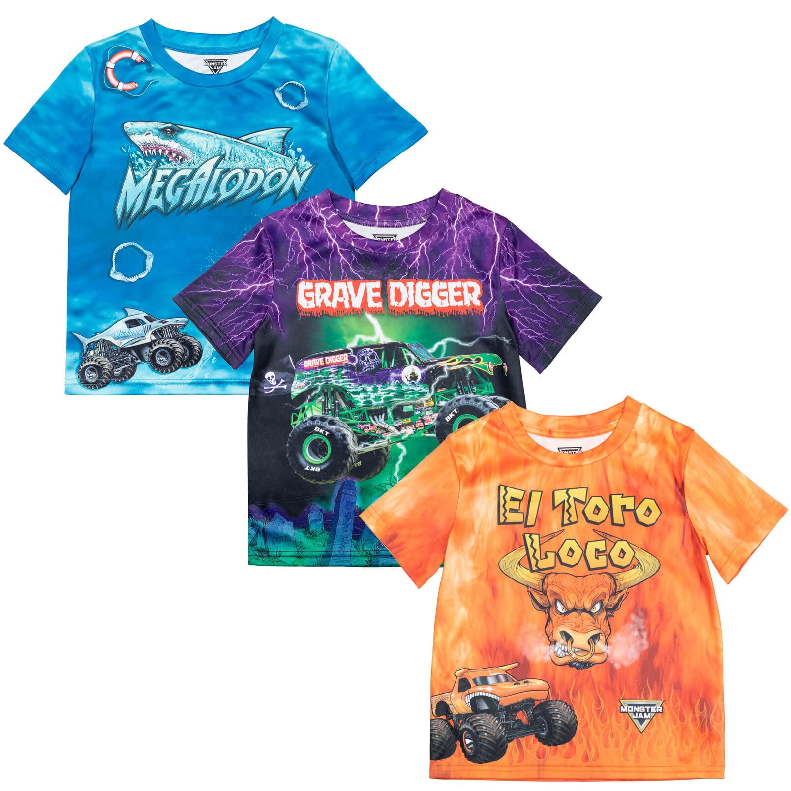 Monster Jam Megalodon El Toro Loco Grave Digger Monster Truck Big Boys, Paquete De 3 Camisetas Naranja/púrpura/azul 14-16