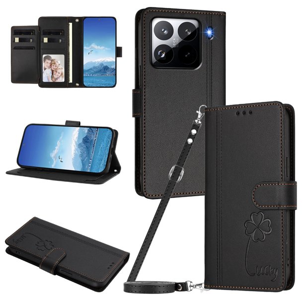 Funda Cartera Trébol para Xiaomi 15 Pro con Ranuras Tarjetas y Carga Inalámbrica Negro