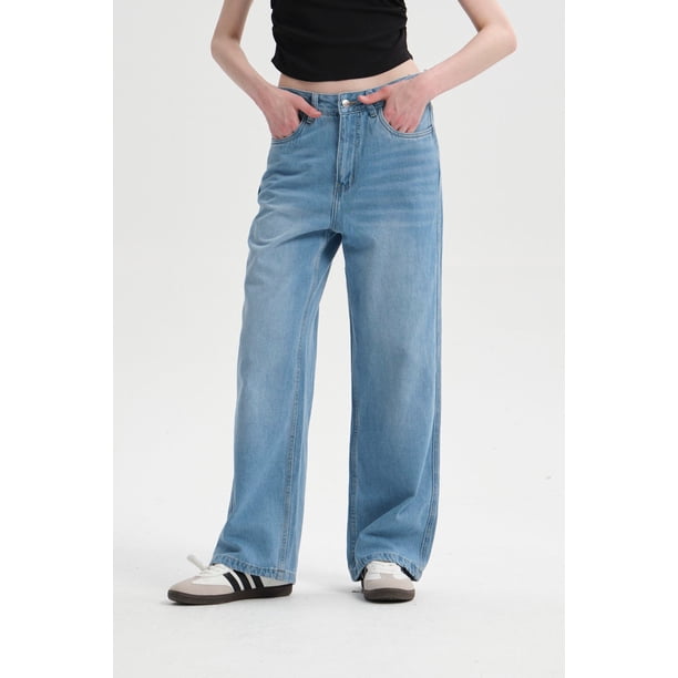 Jeans Mujer Calce Recto Deshilachado Azul Claro