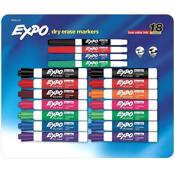 Marcadores de borrado en seco EXPO, con bajo olor, 18 unidades, cincel y punta fina