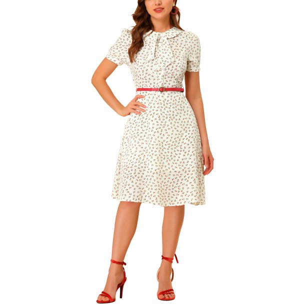 INSPIRE CHIC Vestido Vintage para Mujer de Regreso a Clases con Estampado Floral, Cuello Peter Pan, Largo a la Rodilla, Casual, Talla S, Blanco