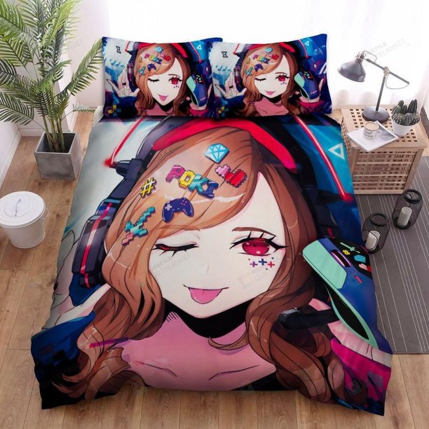 Streamer Pokimane Anime Style Portrait Artwork Quilt Duvet Cover Set3-Piece Bedding Set (1 Duvet Cover + 2 Pillow Shams)
