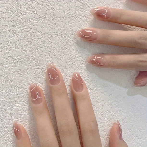 24pcs Reusable Press On Nails - Short Oval with Nude Pink and White Swirl Design - Full Coverage for Weddings and Special Occasions - Easy to Apply and Remove - 24pcs