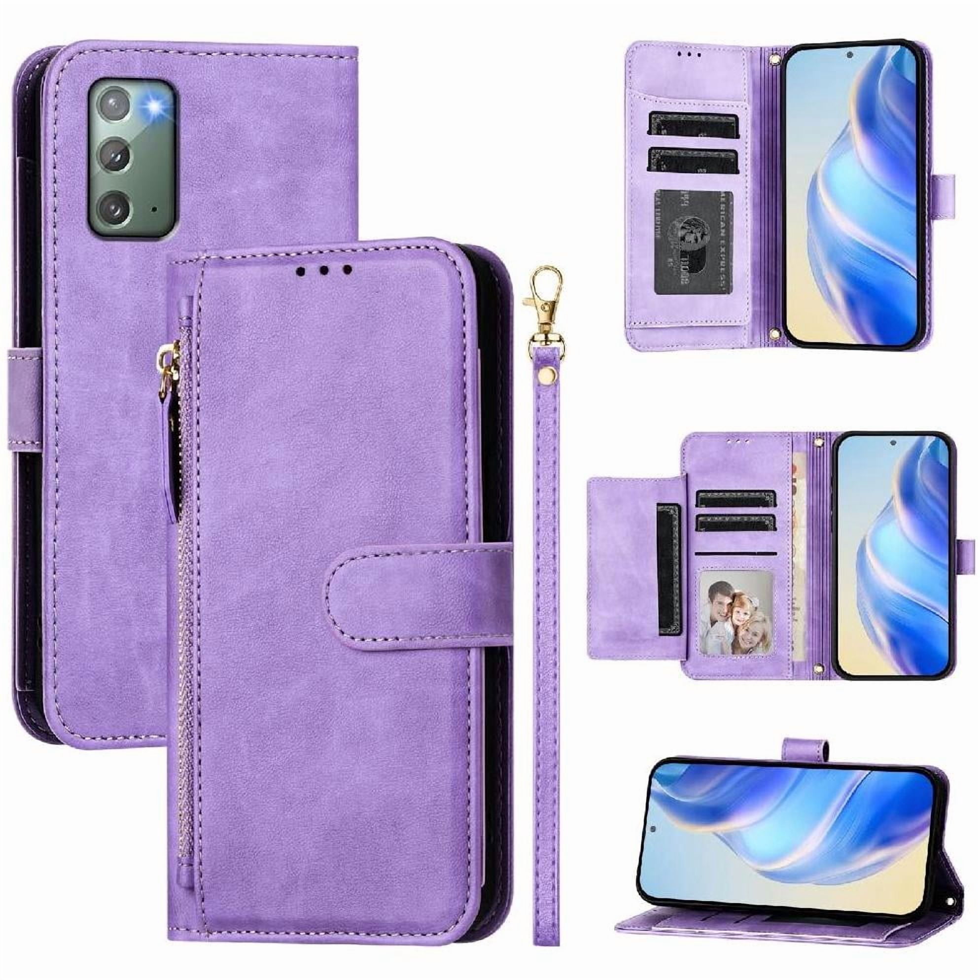 Foxdock - Funda Tipo Billetera Para Samsung Galaxy Note 20 Con Cremallera Portatarjetas Soporte Correa De Muñeca Cuero Púrpura