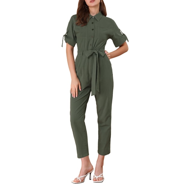 INSPIRE CHIC Mono de regreso a clases para mujer de manga corta con cuello, botones, cintura con lazo, algodón, cargo, talla M, verde