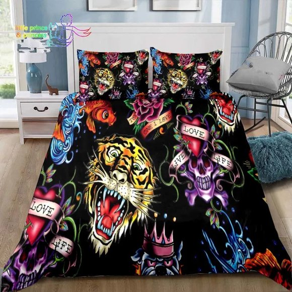 Ed-hardy Tattoo Tiger Skull Bedding Set Bed Set Adult Kid Bedroom Bedding Gift