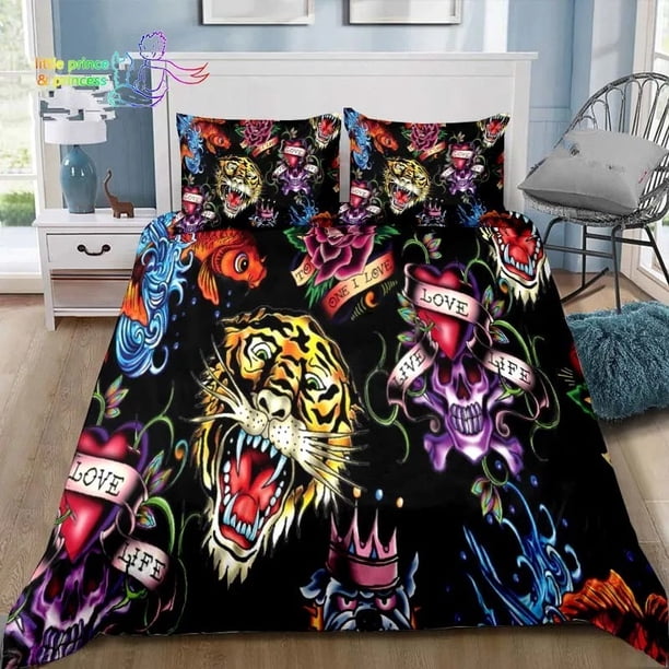 Ed-hardy Tattoo Tiger Skull Bedding Set Bed Set Adult Kid Bedroom Bedding Gift
