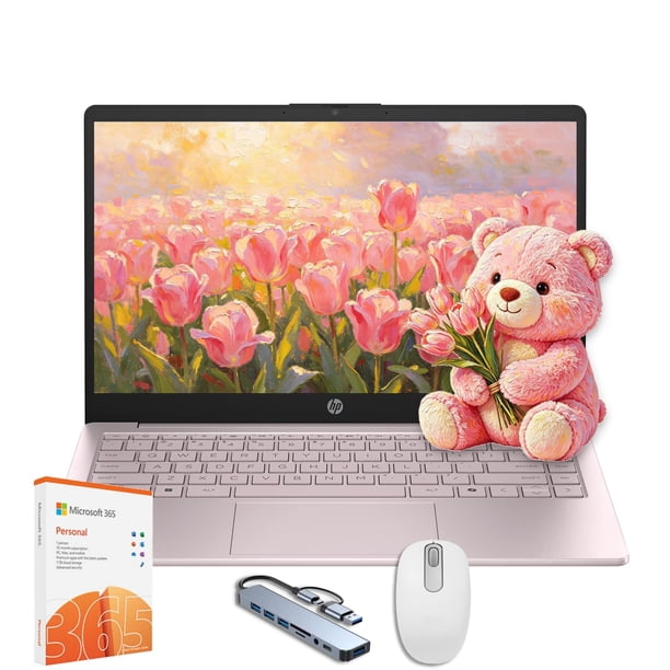 HP Stream Laptop de 14" HD, 1 año de Office 365 y Copilot, Intel N150, 16 GB de RAM, 128 GB UFS, ligero y delgado, HUB 8 en 1 y mouse, para estudiantes y negocios 2026, Windows 11 S, rosa