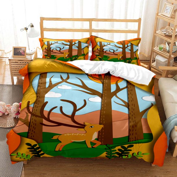 v2875 Bed Sheets Forest Deer Digital Print Polyester Bedding Sets Child Kids Covers Boys Duvet Cover Set For Teens Bedding Set 3-Piece Bedding Set (1 Duvet Cover + 2 Pillow Shams) Bed Sheets ju2875