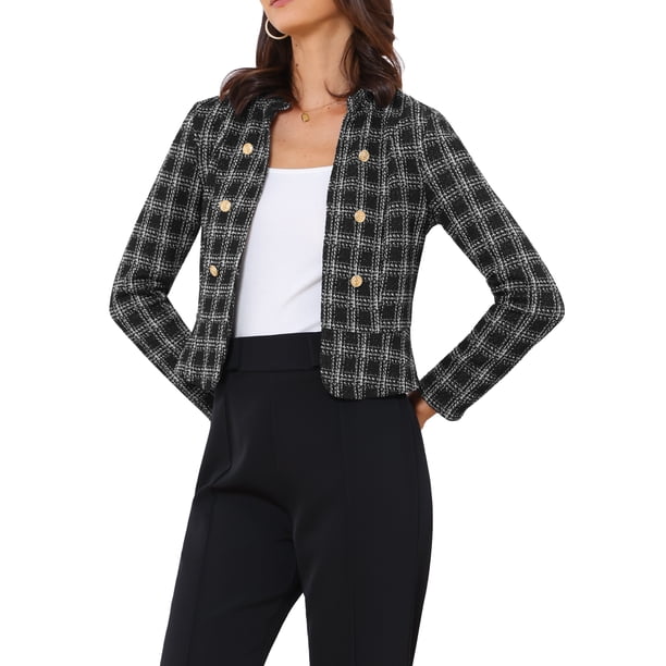 INSPIRE CHIC Chaqueta de Tweed para Mujer con Cuello Mao, Abierta y Recortada, Talla M, Negro Blanco
